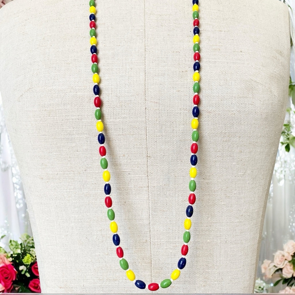Long Antique Art Deco Czech Harlequin Multicolour Glass Flapper Necklace 40” - Picture 2 of 5